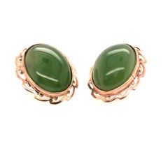 Vintage Jade Cabochon Stud Earrings 14K Yellow Gold Retro Mid Century Antique