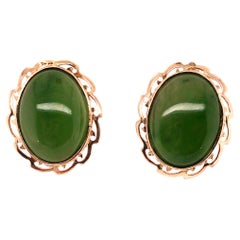 Vintage Jade Cabochon Stud Earrings 14K Yellow Gold Retro Mid Century Antique