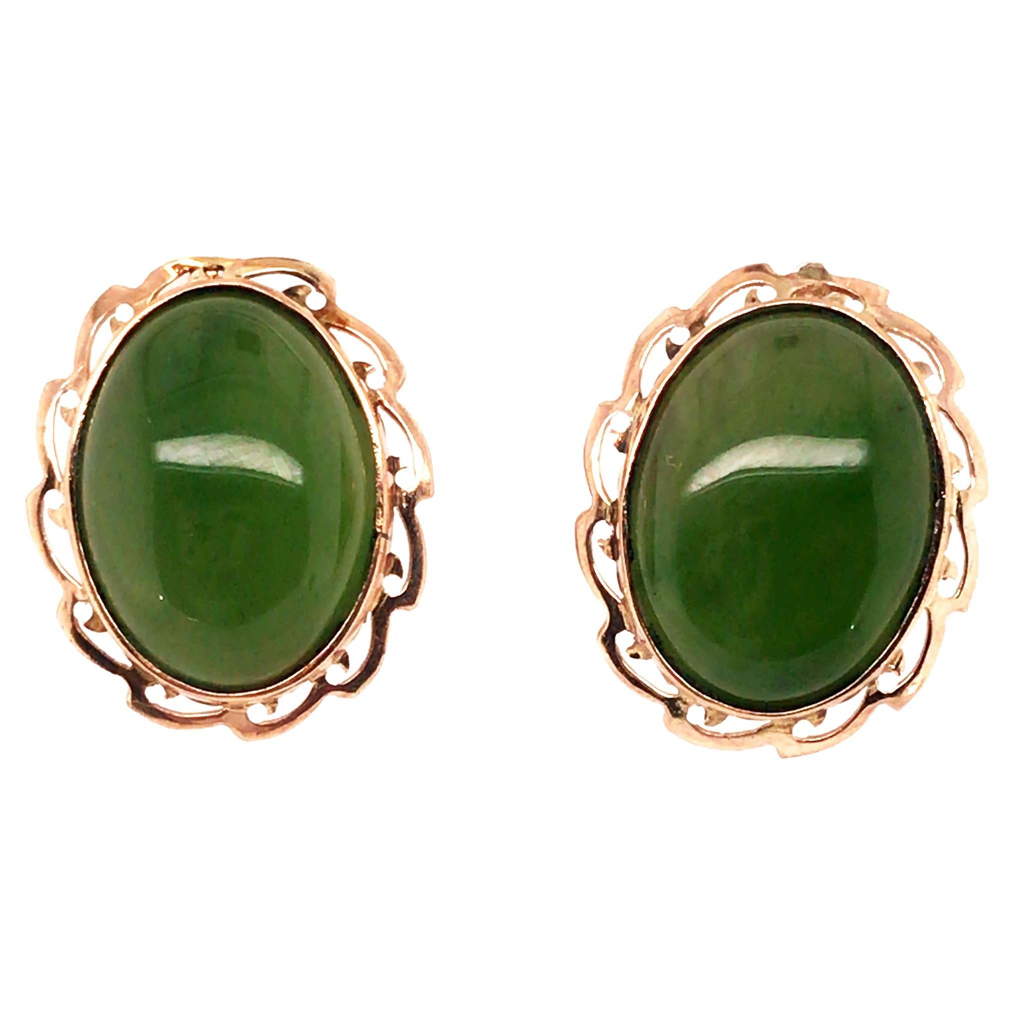 Vintage Jade Cabochon Stud Earrings 14K Yellow Gold Retro Mid Century Antique For Sale