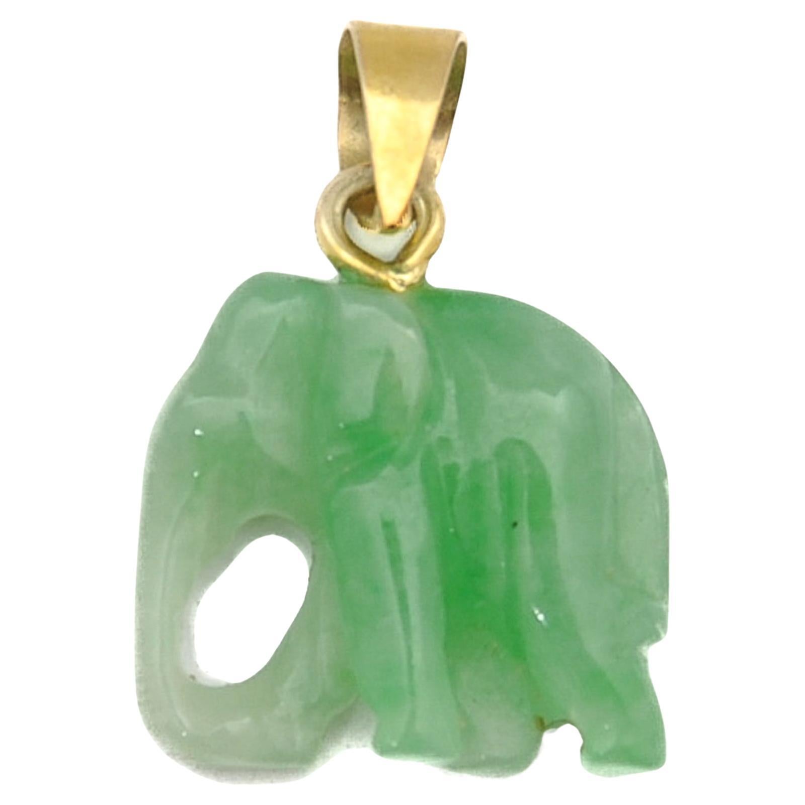 Vintage Carved Jade Elephant 14K Gold Animal Charm Pendant