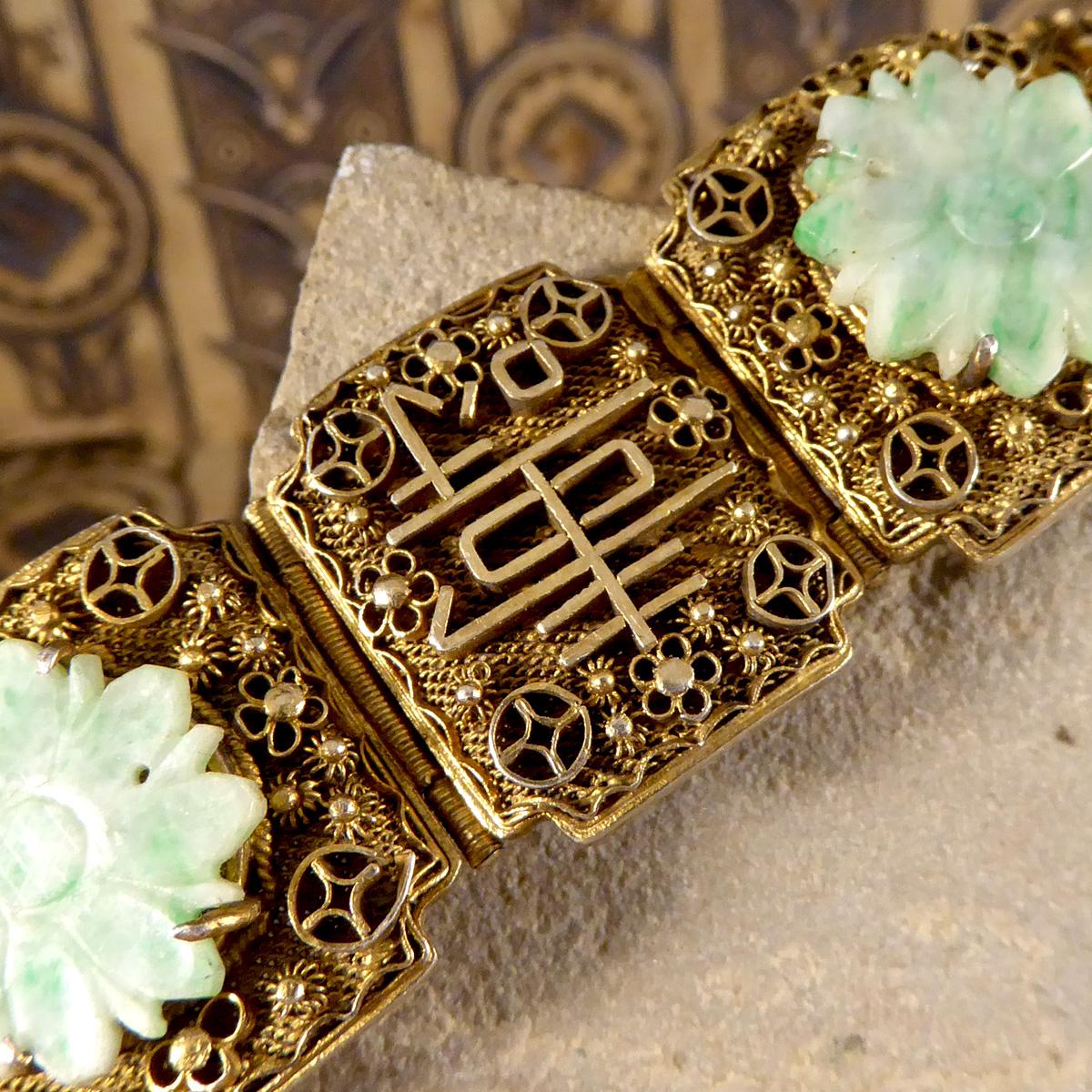 Vintage Jade Carved Flowered Wide Panel Bracelet with Chinese Proverbs in Silver 2