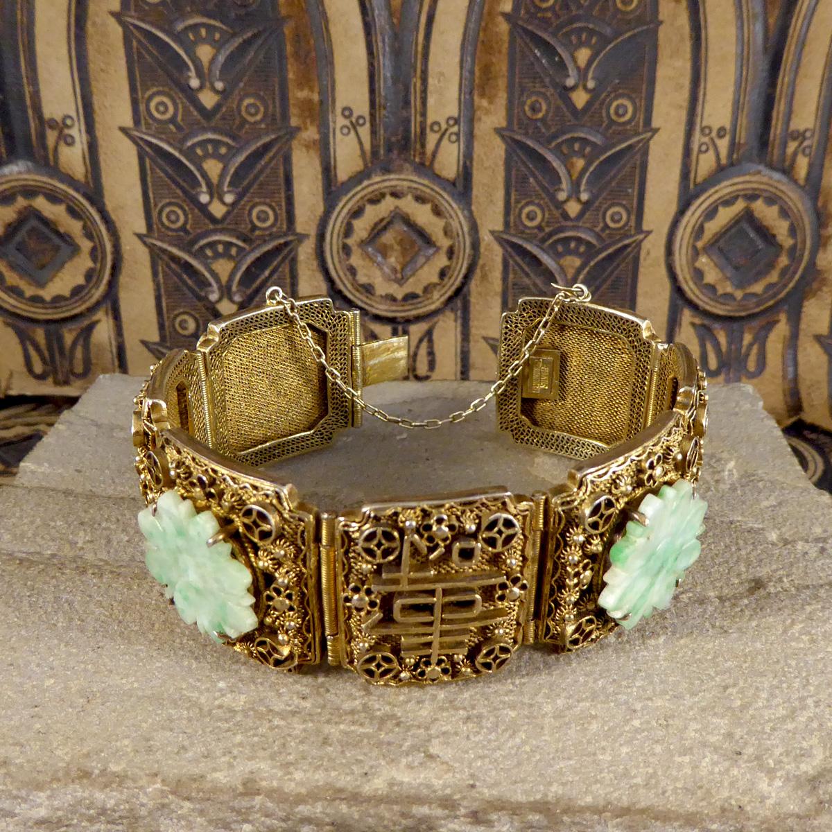 Women's or Men's Vintage Jade Carved Flowered Wide Panel Bracelet with Chinese Proverbs in Silver