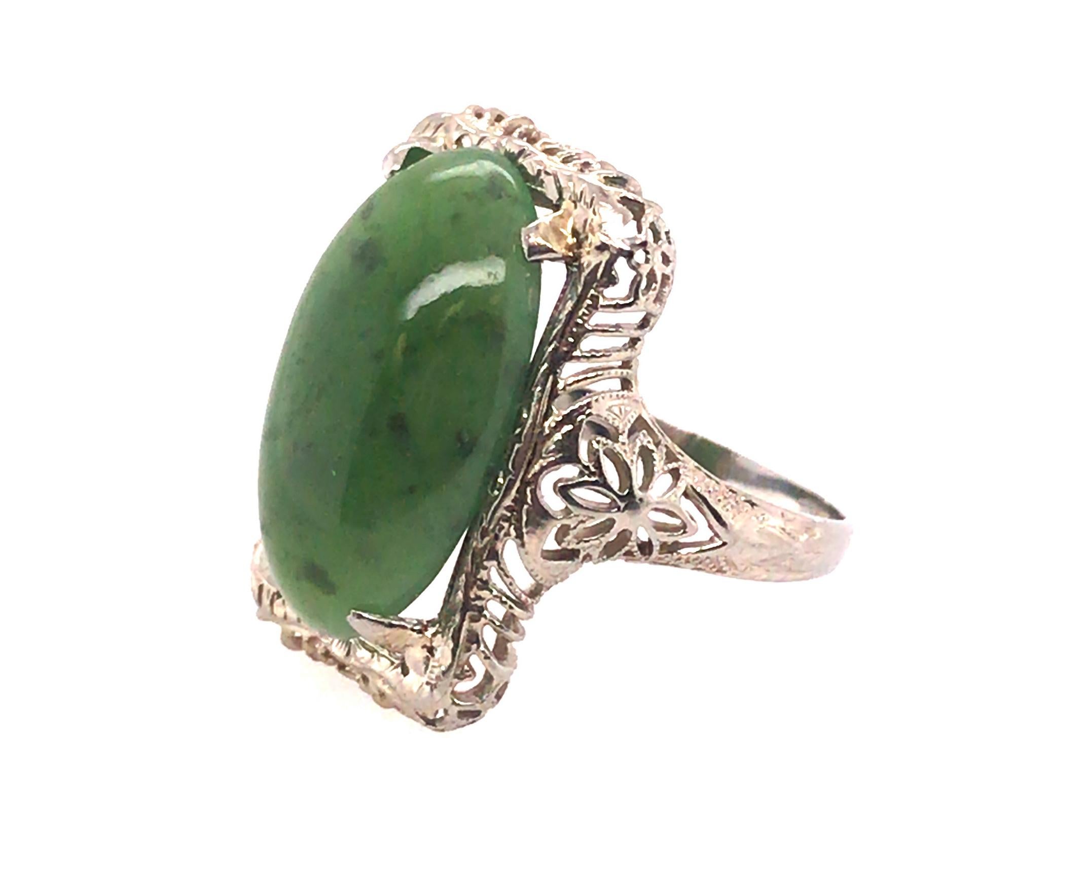 Women's Art Deco Jade Ring 7 Carat Oval Cabochon 14K Filigree Original 1930's Antique
