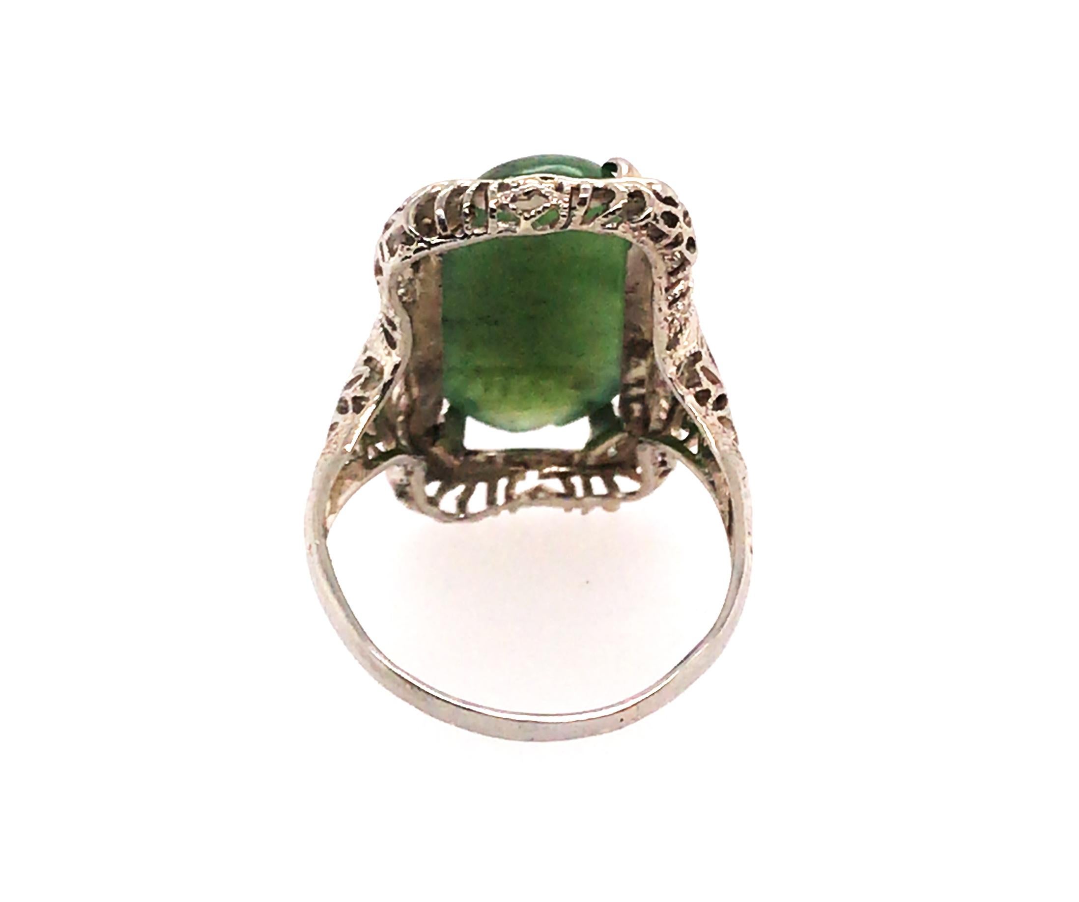 Art Deco Jade Ring 7 Carat Oval Cabochon 14K Filigree Original 1930's Antique 2