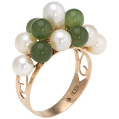 Vintage Jade Cultured Pearl Ring 14 Karat Yellow Gold Estate Fine Jewelry