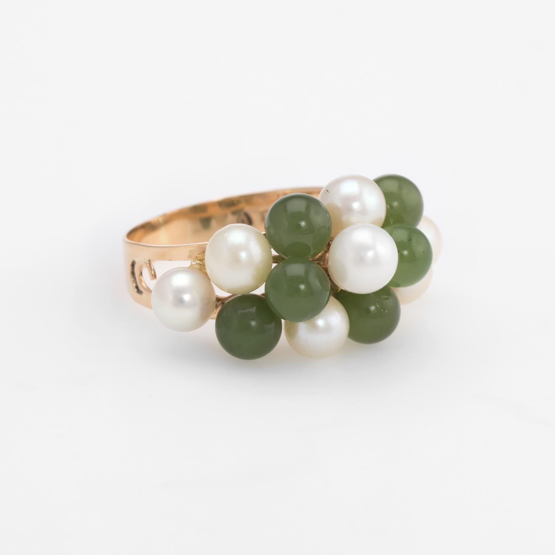 Modern Vintage Jade Cultured Pearl Ring 14 Karat Yellow Gold Estate Fine Jewelry