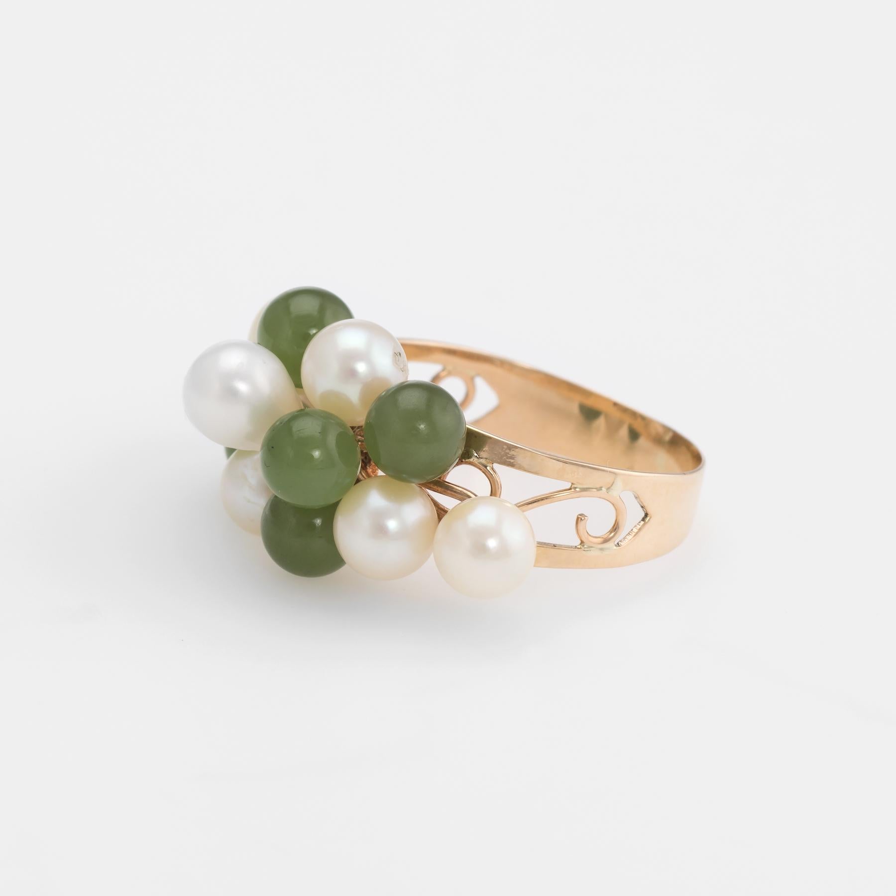 Round Cut Vintage Jade Cultured Pearl Ring 14 Karat Yellow Gold Estate Fine Jewelry