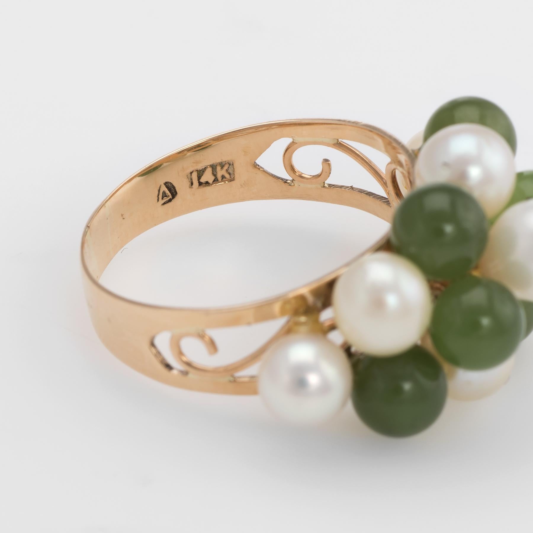 Vintage Jade Cultured Pearl Ring 14 Karat Yellow Gold Estate Fine Jewelry 1