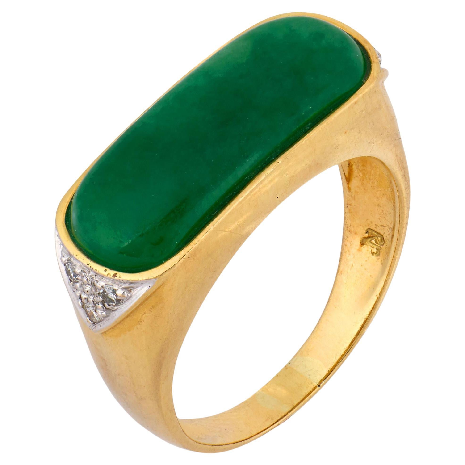 Vintage jade diamant or jaune 18k side bar ring en vente