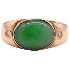 Vintage Jade Diamond Art Deco 18 Karat Rosegold 2 Carat Bezel Set Signet Ring