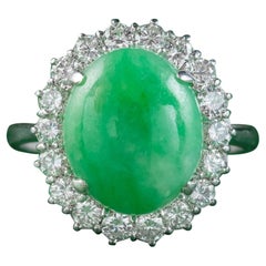 Vintage Jade Diamond Cluster Ring in 18ct White Gold, 8ct Jade 1.50ct of Diamond