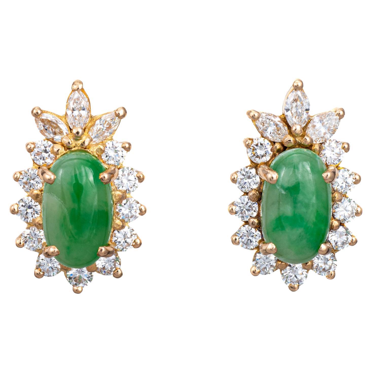 Vintage Jade Diamond Earrings Studs 14k Yellow Gold Estate Jewelry Mixed Cuts 