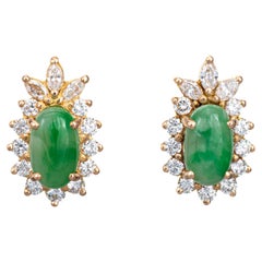 Retro Jade Diamond Earrings Studs 14k Yellow Gold Estate Jewelry Mixed Cuts 
