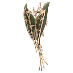 Vintage Jade Diamond Gold Lily of the Valley Brooch