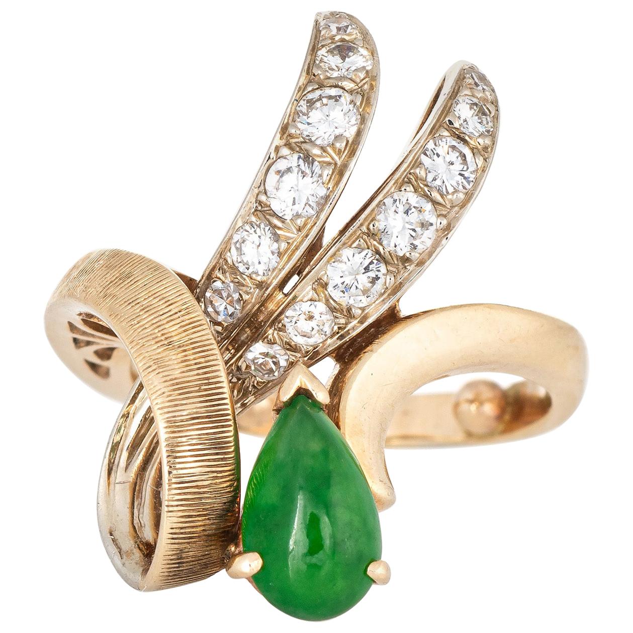 Vintage Jade Diamond Ring 14 Karat Yellow Gold Ribbon Estate Fine Jewelry Pinky