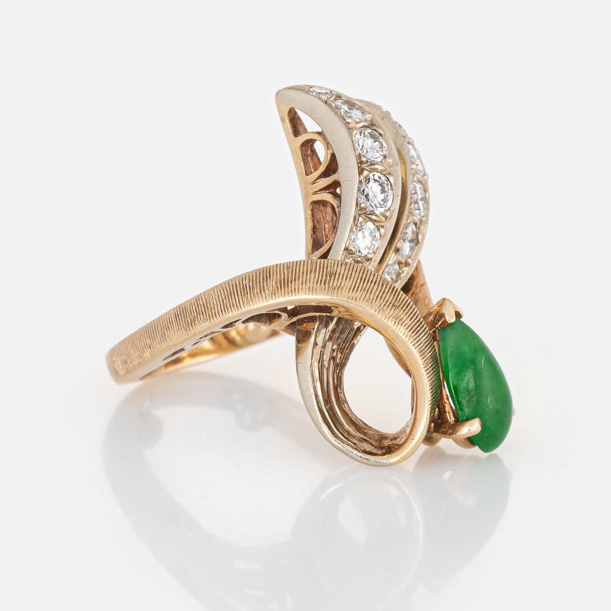 Modern Vintage Jade Diamond Ring 14 Karat Yellow Gold Ribbon Estate Fine Jewelry Pinky