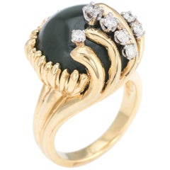 Vintage Jade Diamond Ring 18 Karat Yellow Gold Cocktail Estate Fine Jewelry