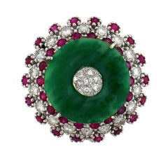 Vintage jade diamond ruby 14k white gold cocktail ring