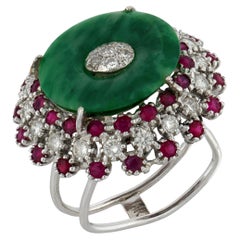 Vintage jade diamond ruby 14k white gold cocktail ring