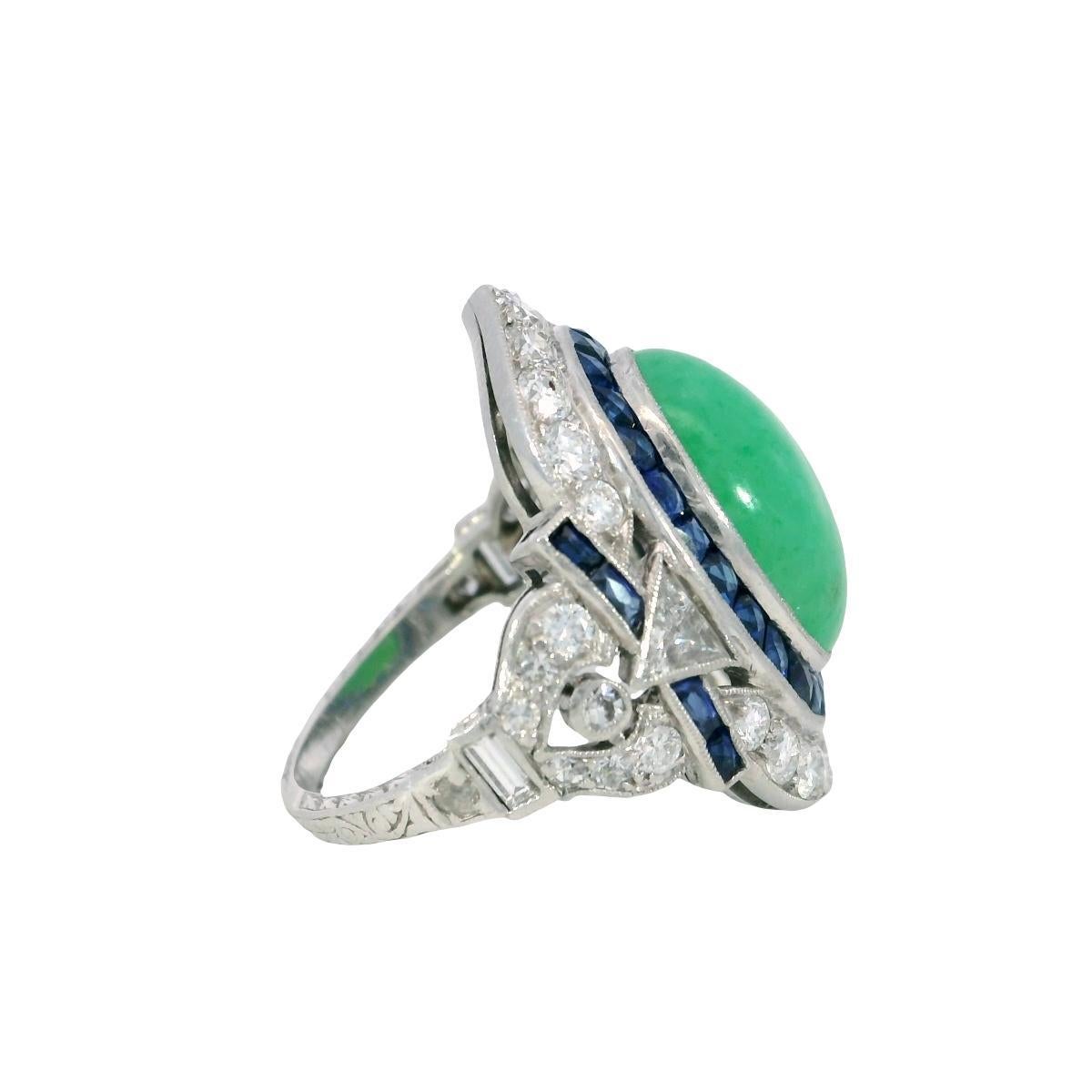 Donna Anello di giada d'epoca con diamante e zaffiro in platino in stile Art Deco ~7,94ctw in vendita