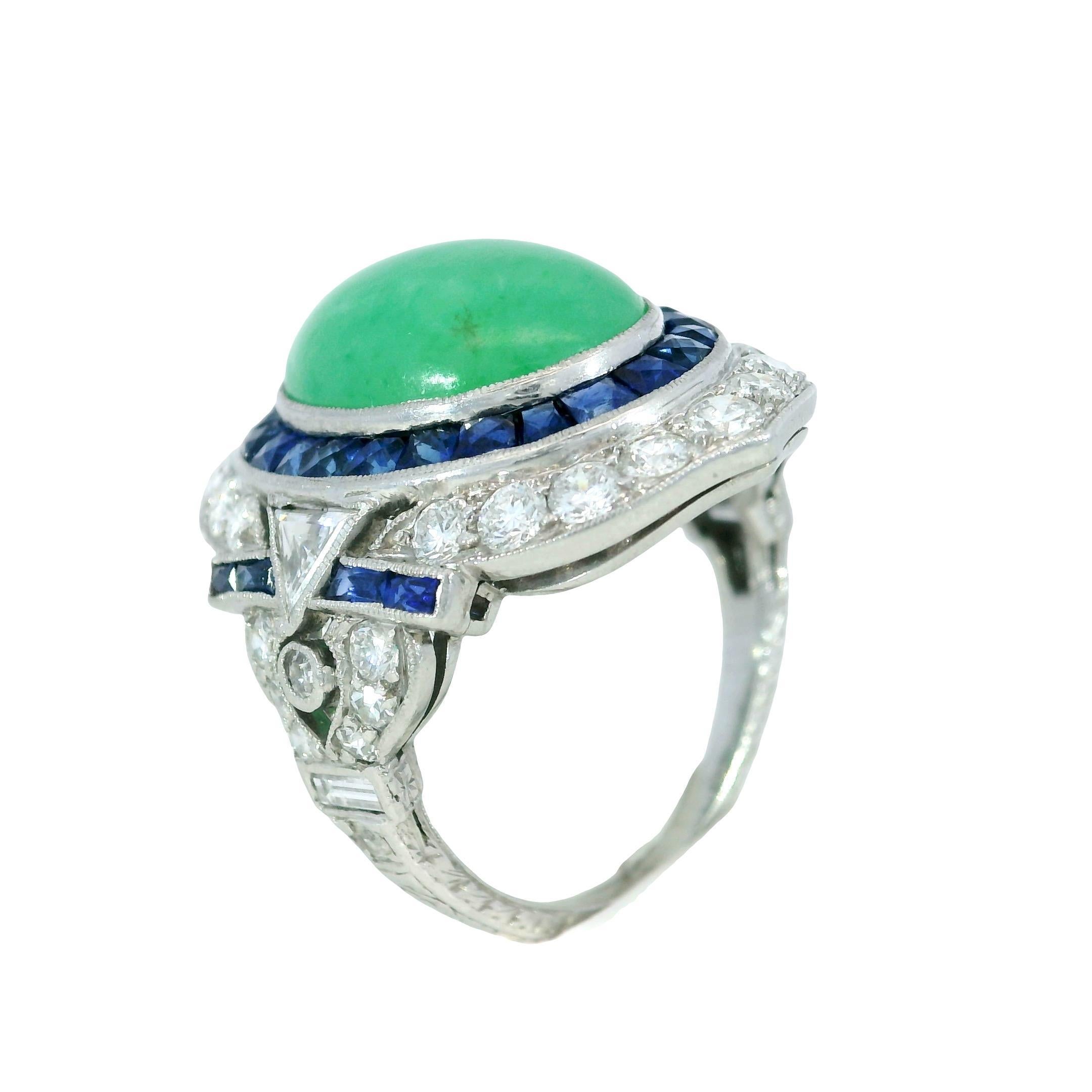 Anello di giada d'epoca con diamante e zaffiro in platino in stile Art Deco ~7,94ctw in vendita 2