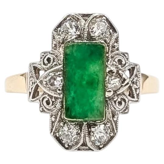 Vintage Jade & Diamond Scroll Ring in 14k Two-Tone Gold