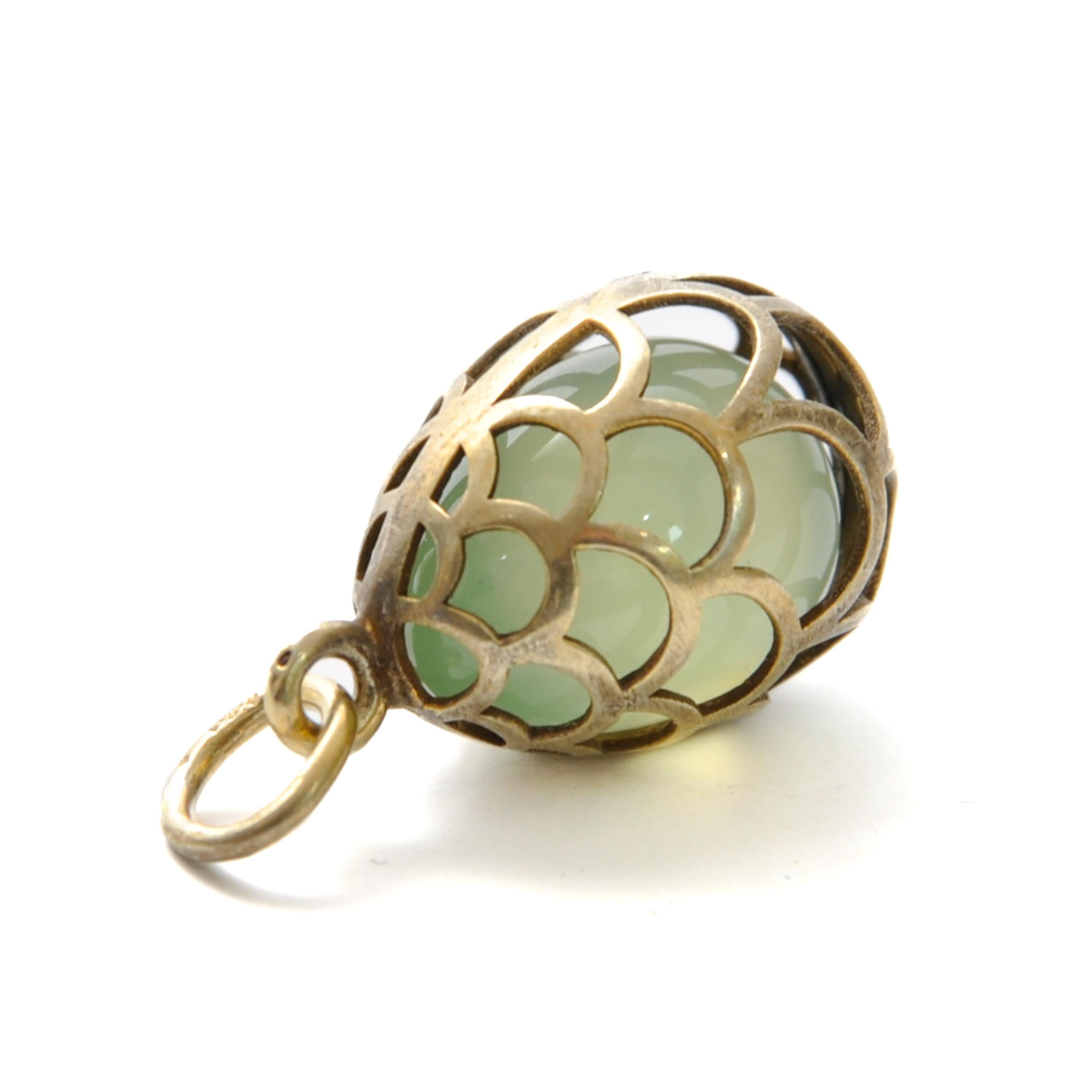 Oval Cut Vintage Jade Egg Pendant Caged in Silver Gilt Frame For Sale