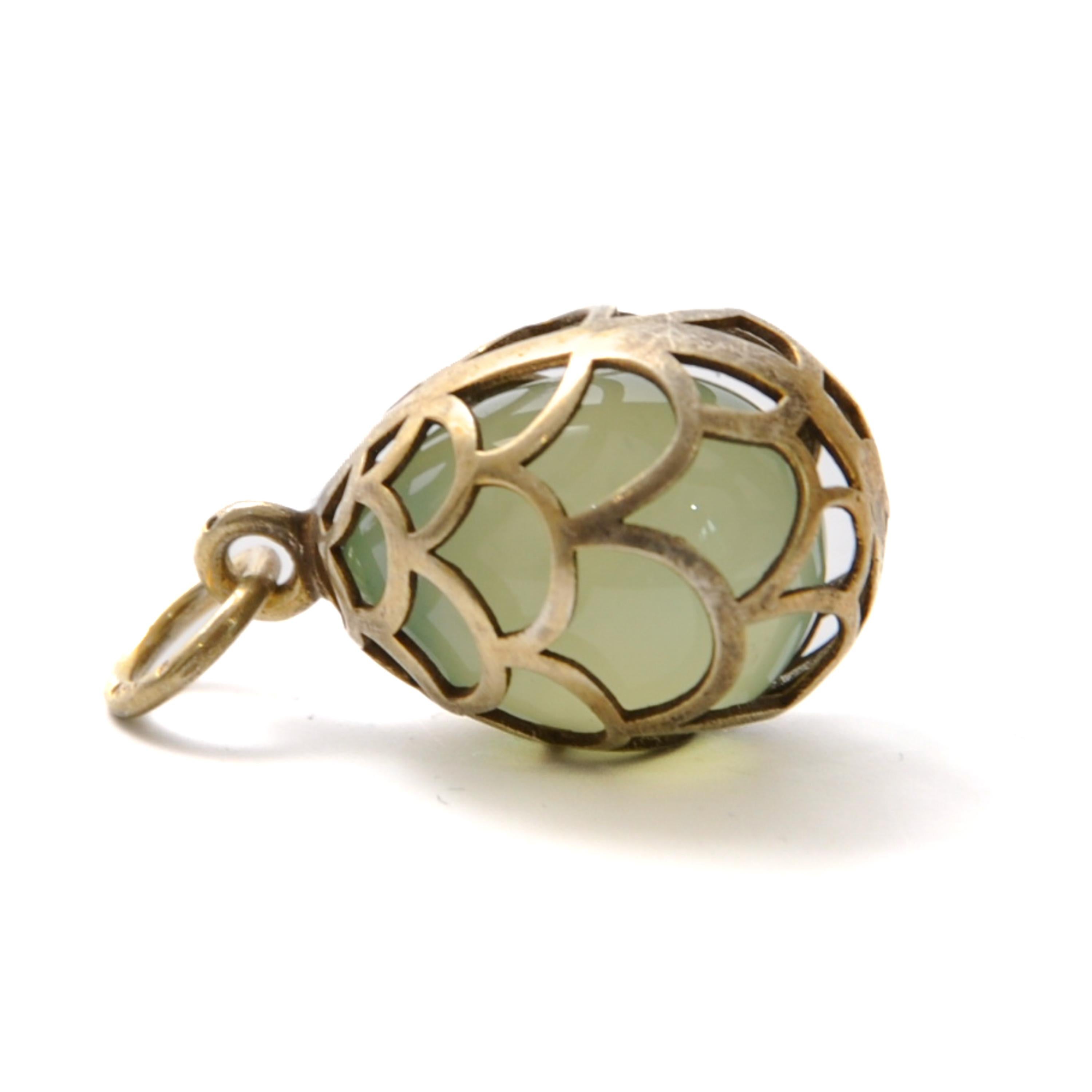 Vintage Jade Egg Pendant Caged in Silver Gilt Frame For Sale 2