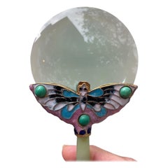 Vintage Jade Handle Gold Plated Enamel Butterfly Magnifying Glass