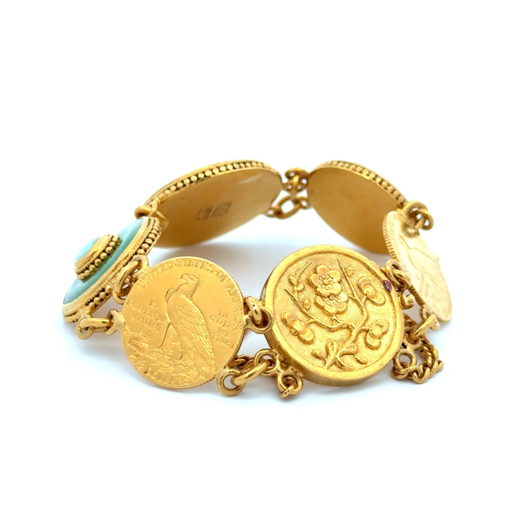 Pulsera vintage de jade, ópalo y oro con cabeza de indio Corte redondo en venta