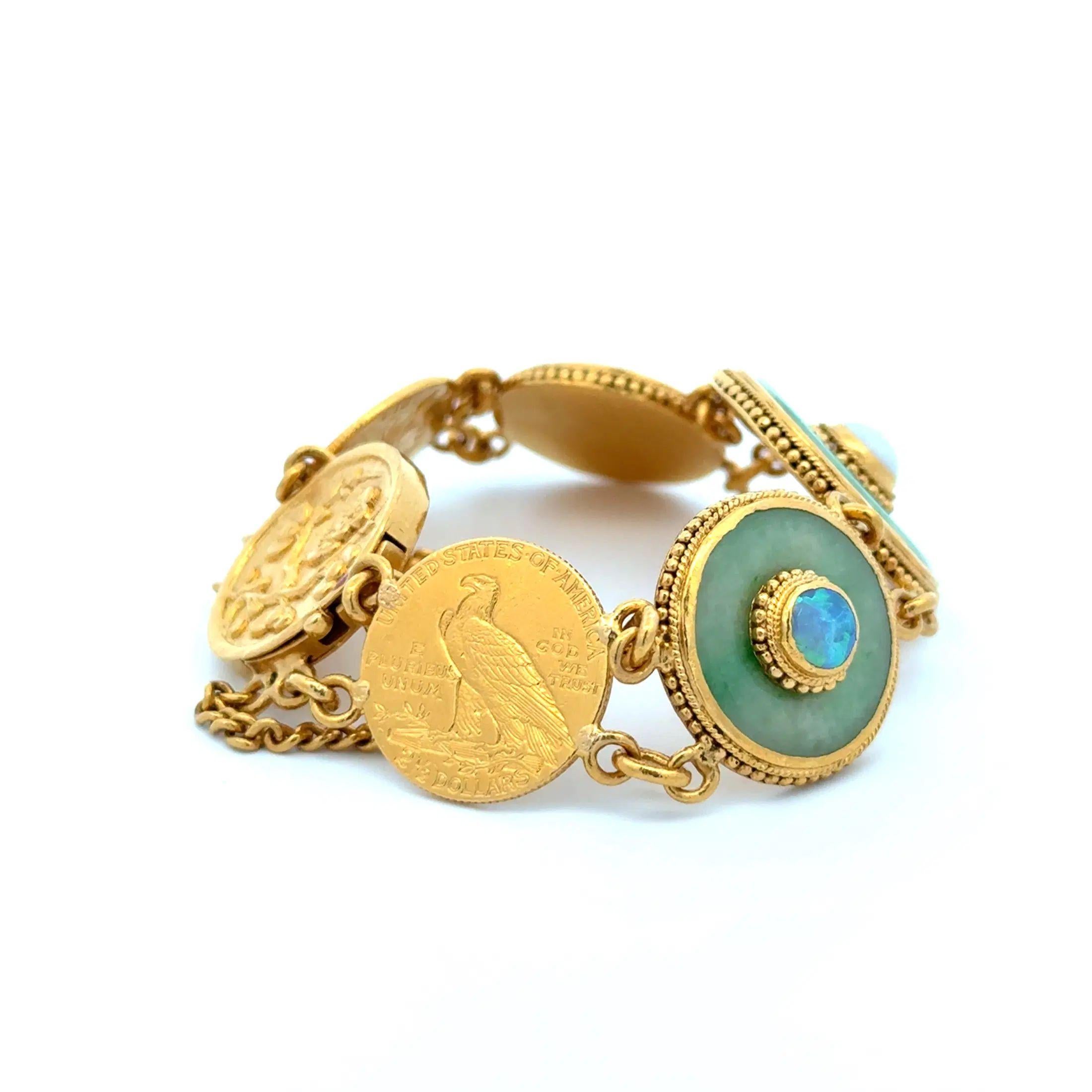 Pulsera vintage de jade, ópalo y oro con cabeza de indio en Excelente estado para la venta en Montreal, QC