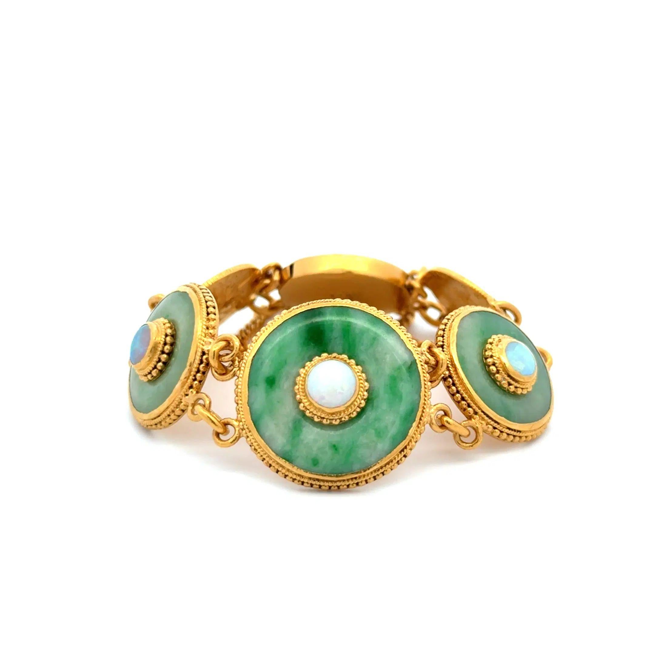 De las mujeres Pulsera vintage de jade, ópalo y oro con cabeza de indio en venta