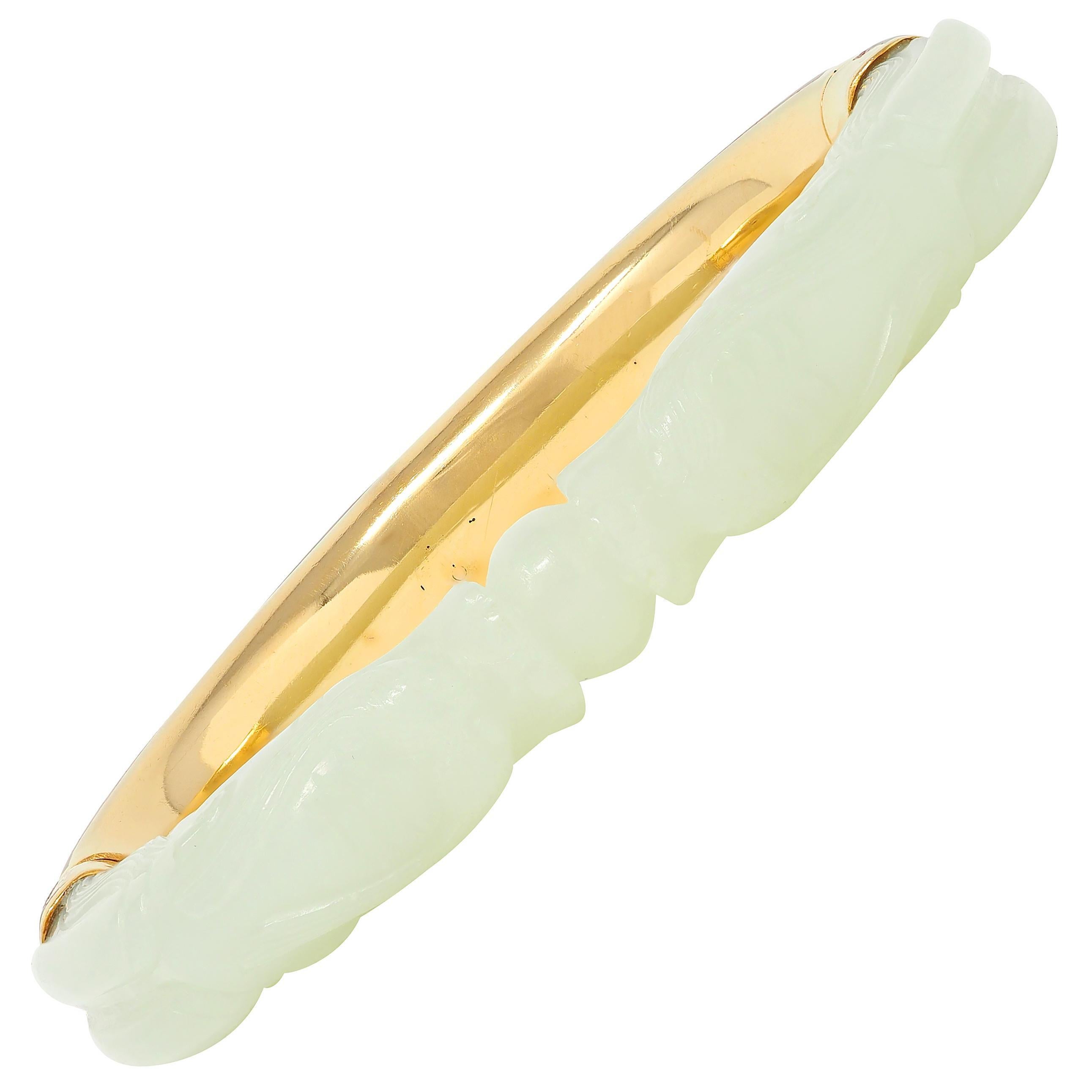 Mixed Cut Vintage Jade Red Enamel 18 Karat Yellow Gold Two Dragons Cuff Bracelet For Sale