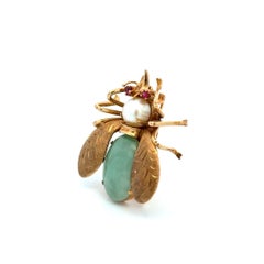 Vintage Jade, Ruby and Pearl Gold Bumble Bee Bug Brooch Pin