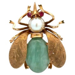 Vintage Jade, Ruby and Pearl Gold Bumble Bee Bug Brooch Pin