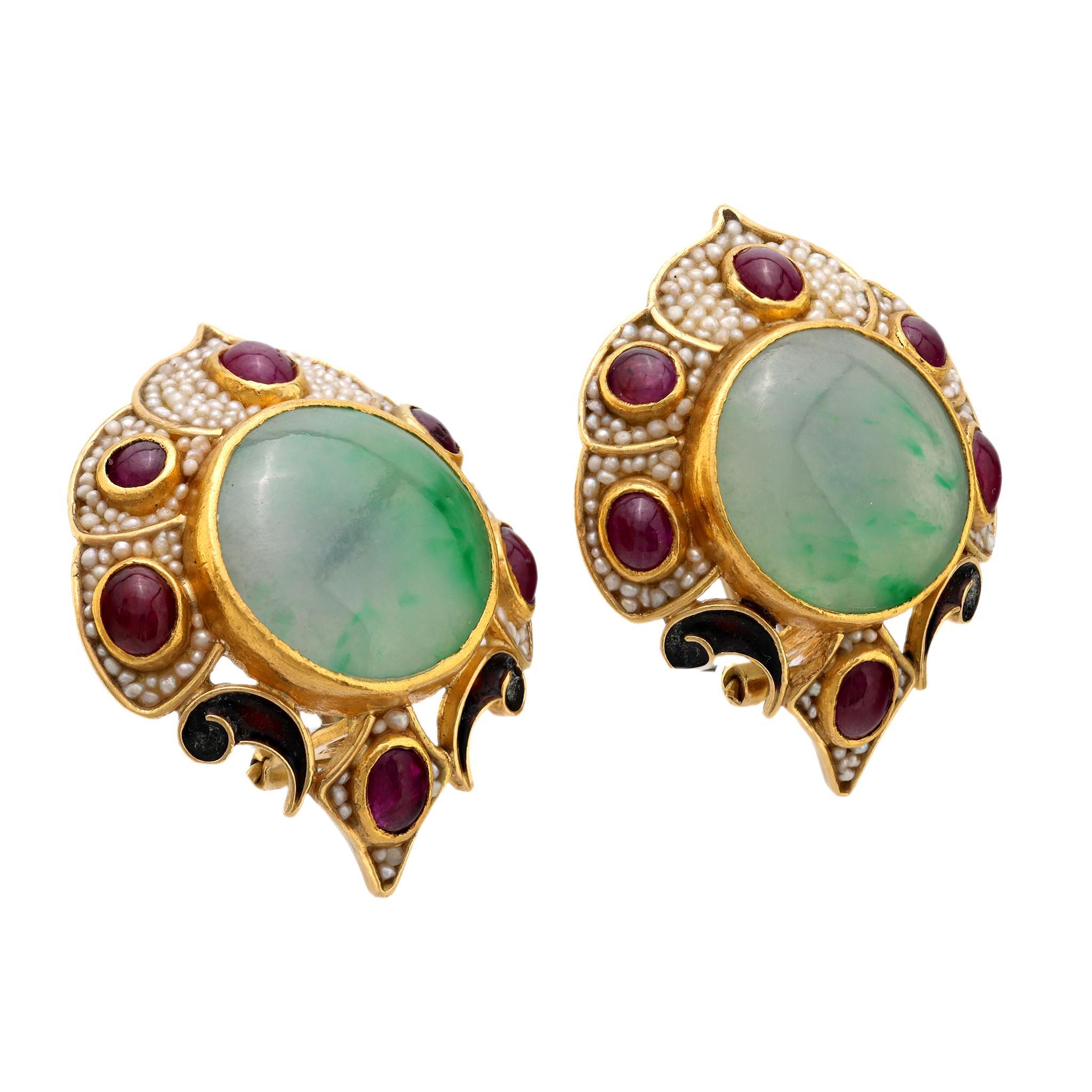 Modern Vintage jade ruby seed pearl 18k yellow gold earrings