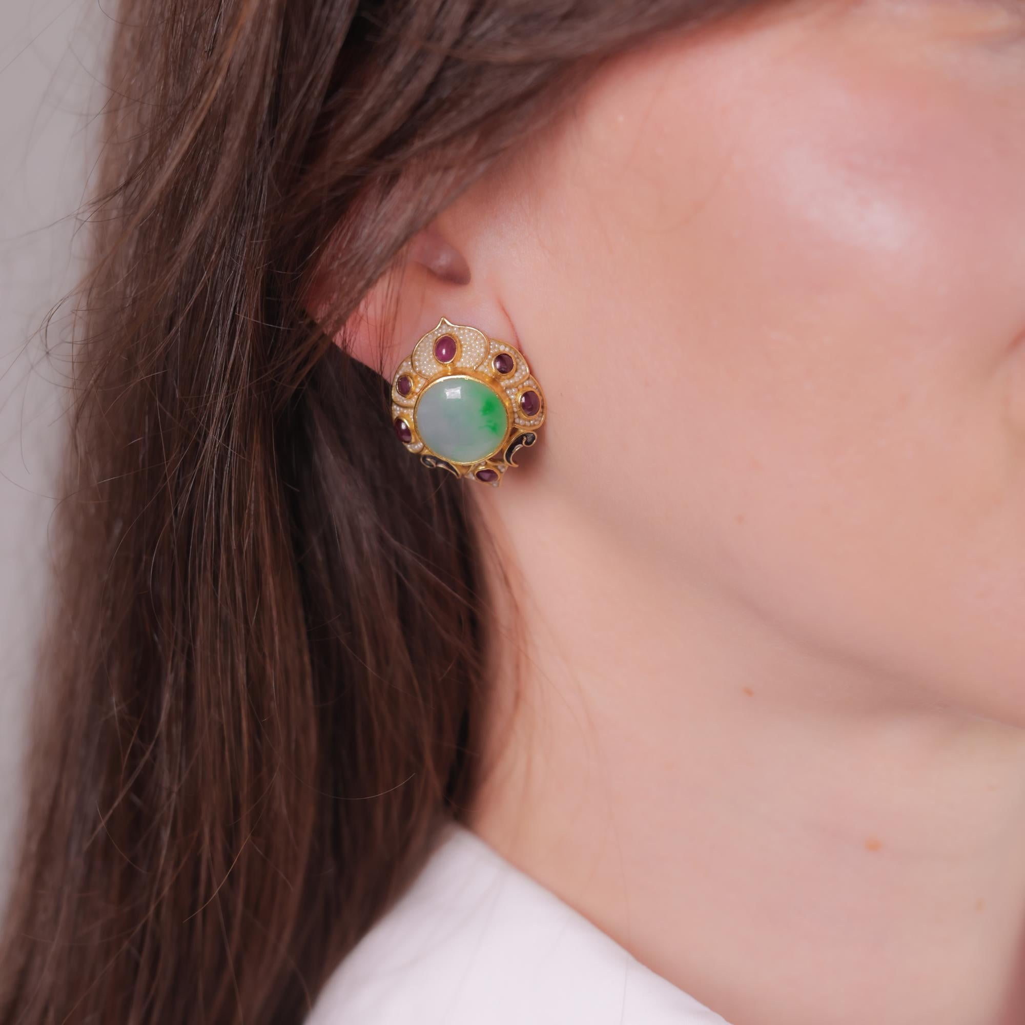 Cabochon Vintage jade ruby seed pearl 18k yellow gold earrings
