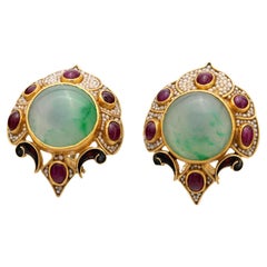 Vintage jade ruby seed pearl 18k yellow gold earrings