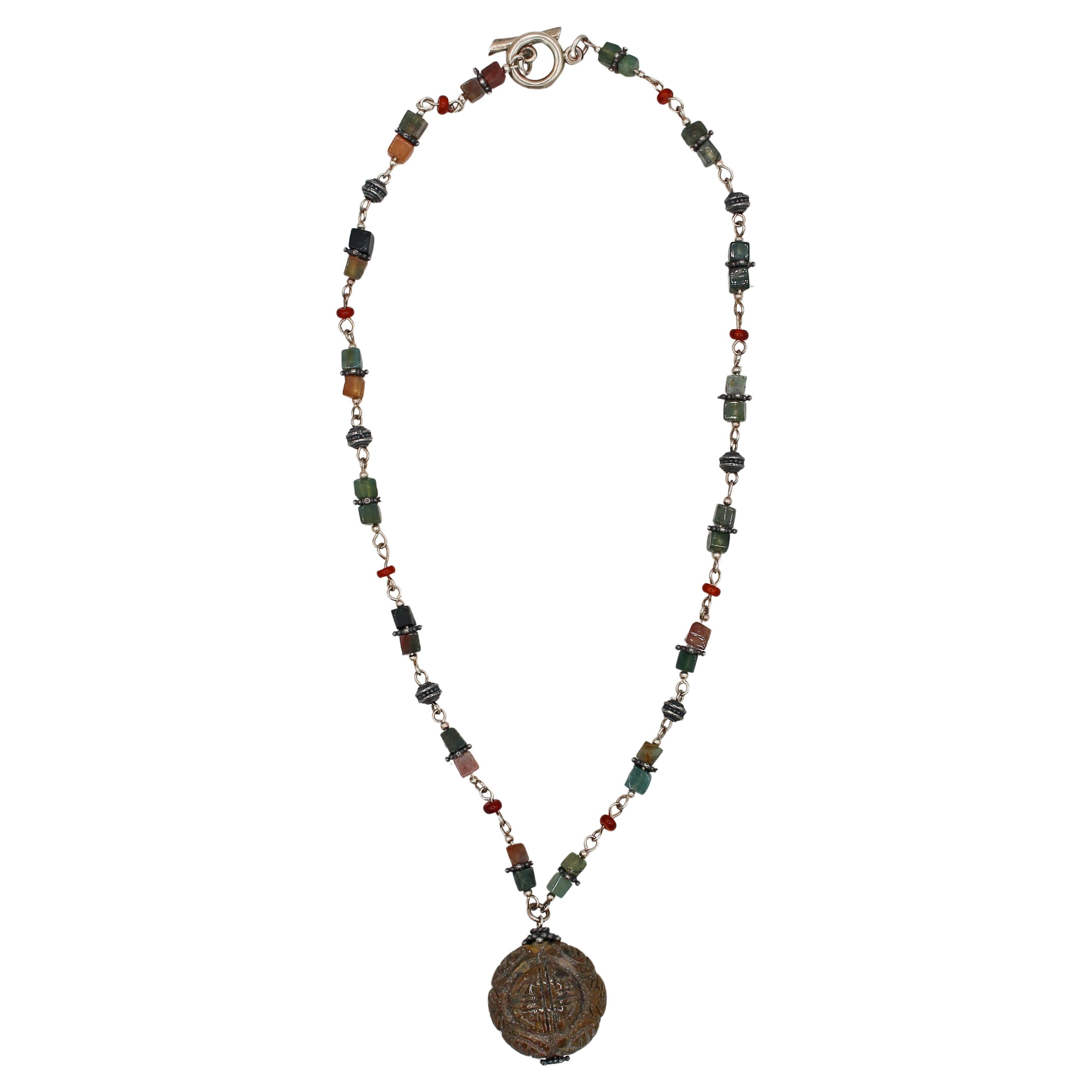 Vintage Jade & Sterling Silver Chinese Necklace with Happiness Symbols Pendant