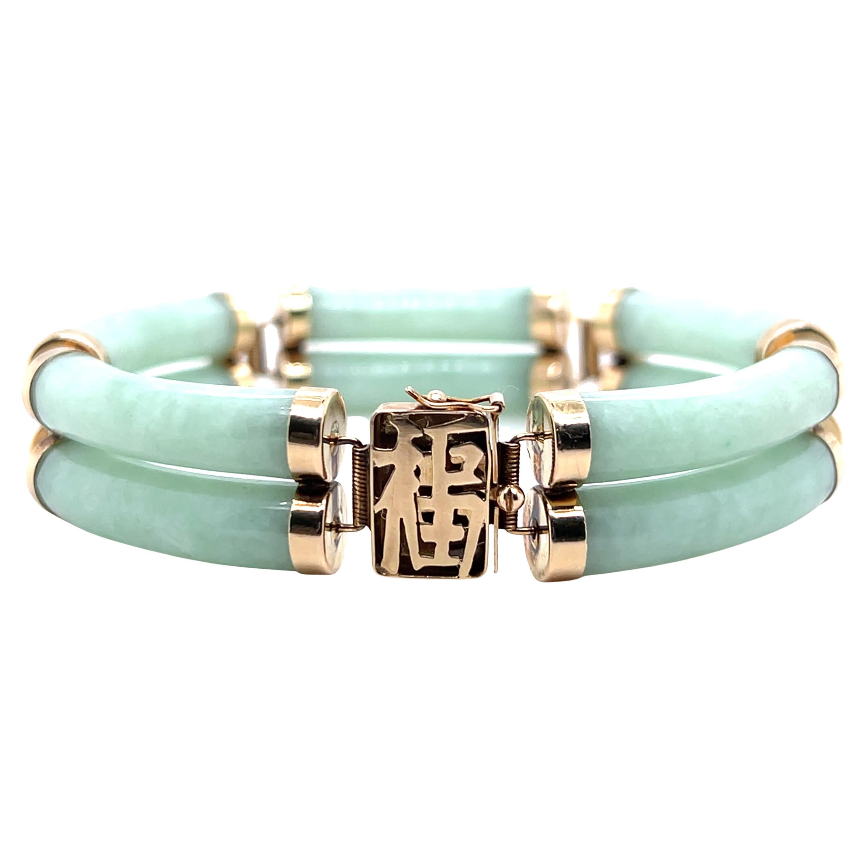 Bracelet Vintage Jadeite 14k Or Jaune Symbole Fu Chinois Bonne Fortune
