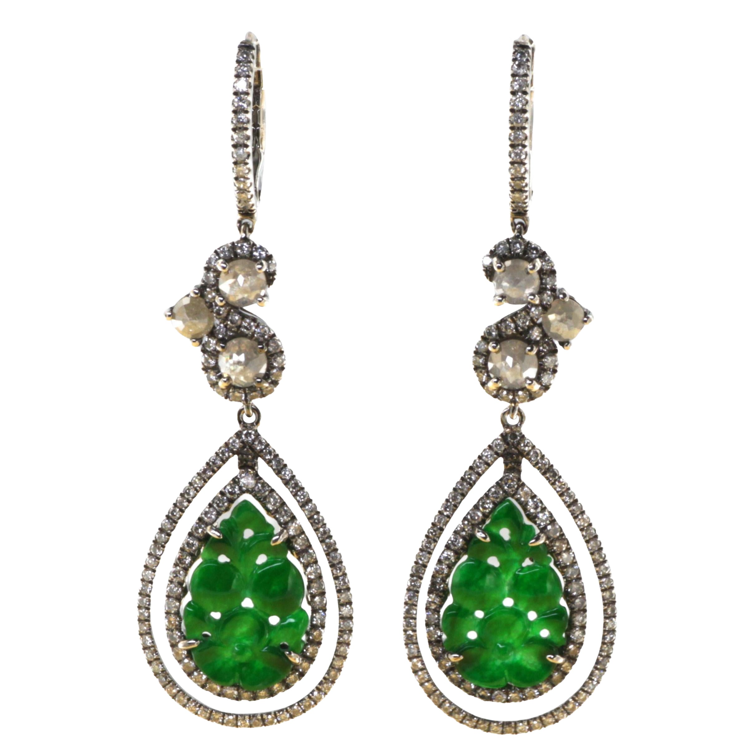 Vintage Jadeite & Diamond Dangle Earrings in 18K Black Gold, 3.0 Ct