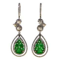 Vintage Jadeite 2.65 Ct Diamond Dangle Earrings in 18 Karat Rhodium Black Gold