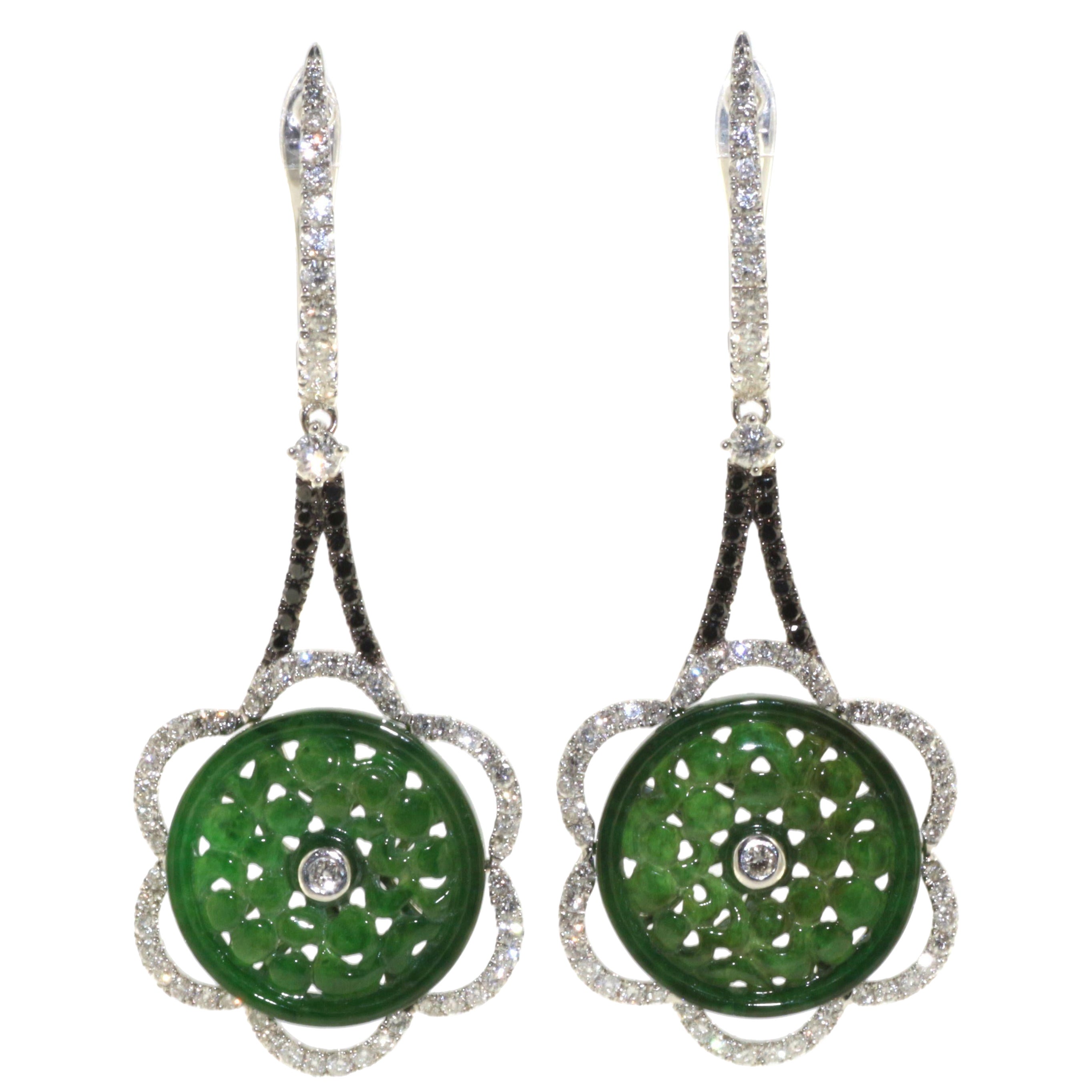 Pendants d'oreilles vintage en or noir 18 carats avec jadéite et diamants de 7,35 carats