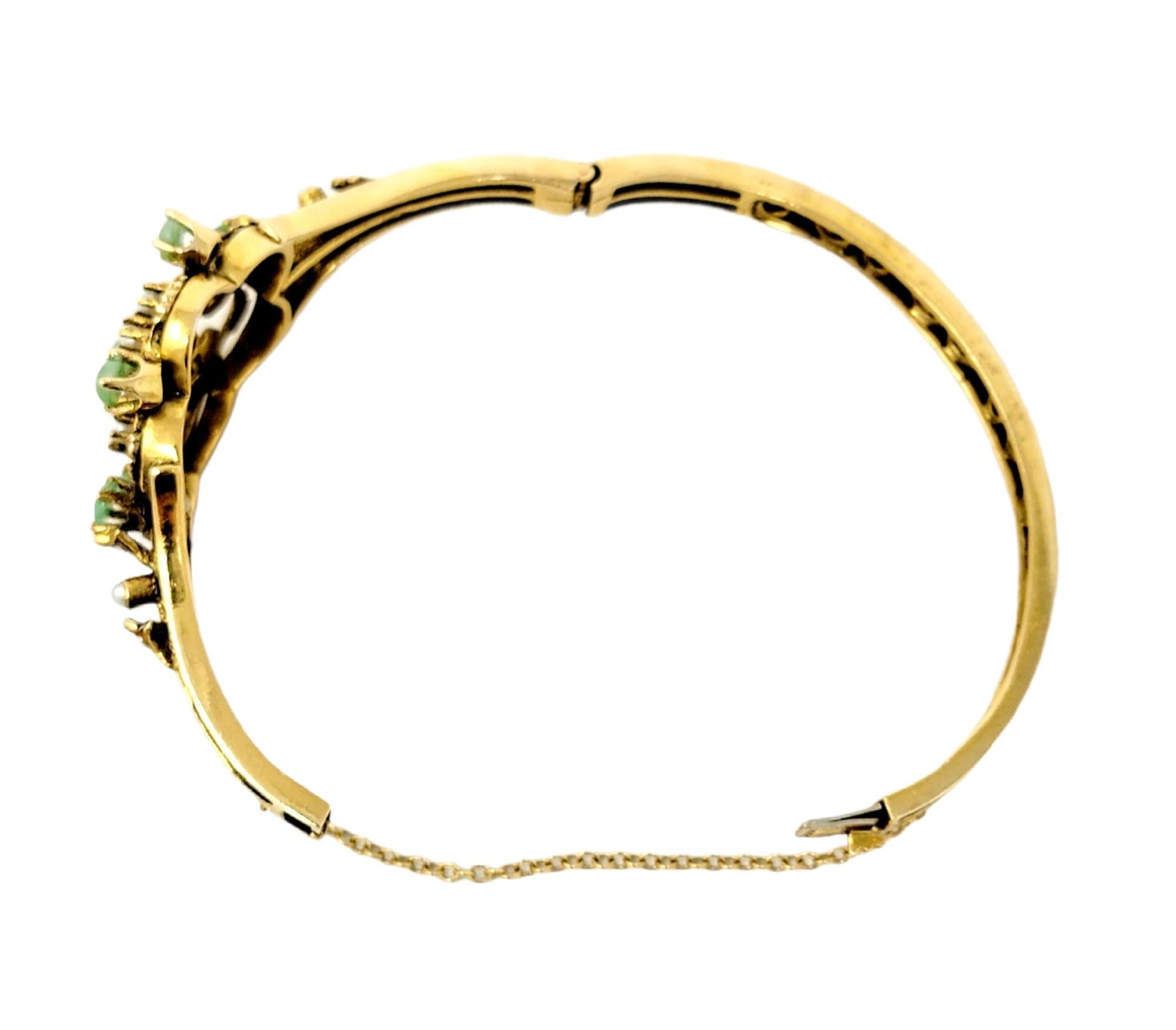 Vintage Jadeite and Seed Pearl Filigree Hinged Bangle Bracelet in 14 Karat Gold For Sale 8