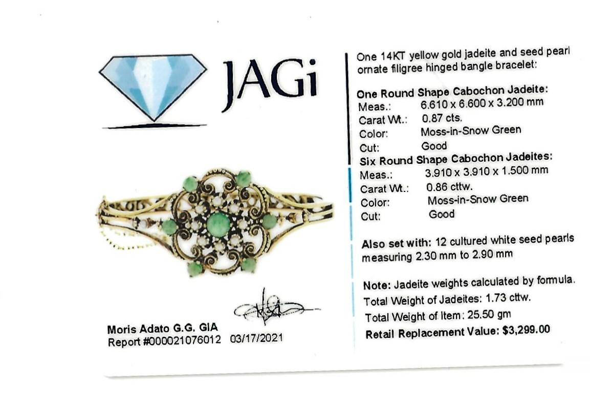 Vintage Jadeite and Seed Pearl Filigree Hinged Bangle Bracelet in 14 Karat Gold For Sale 12