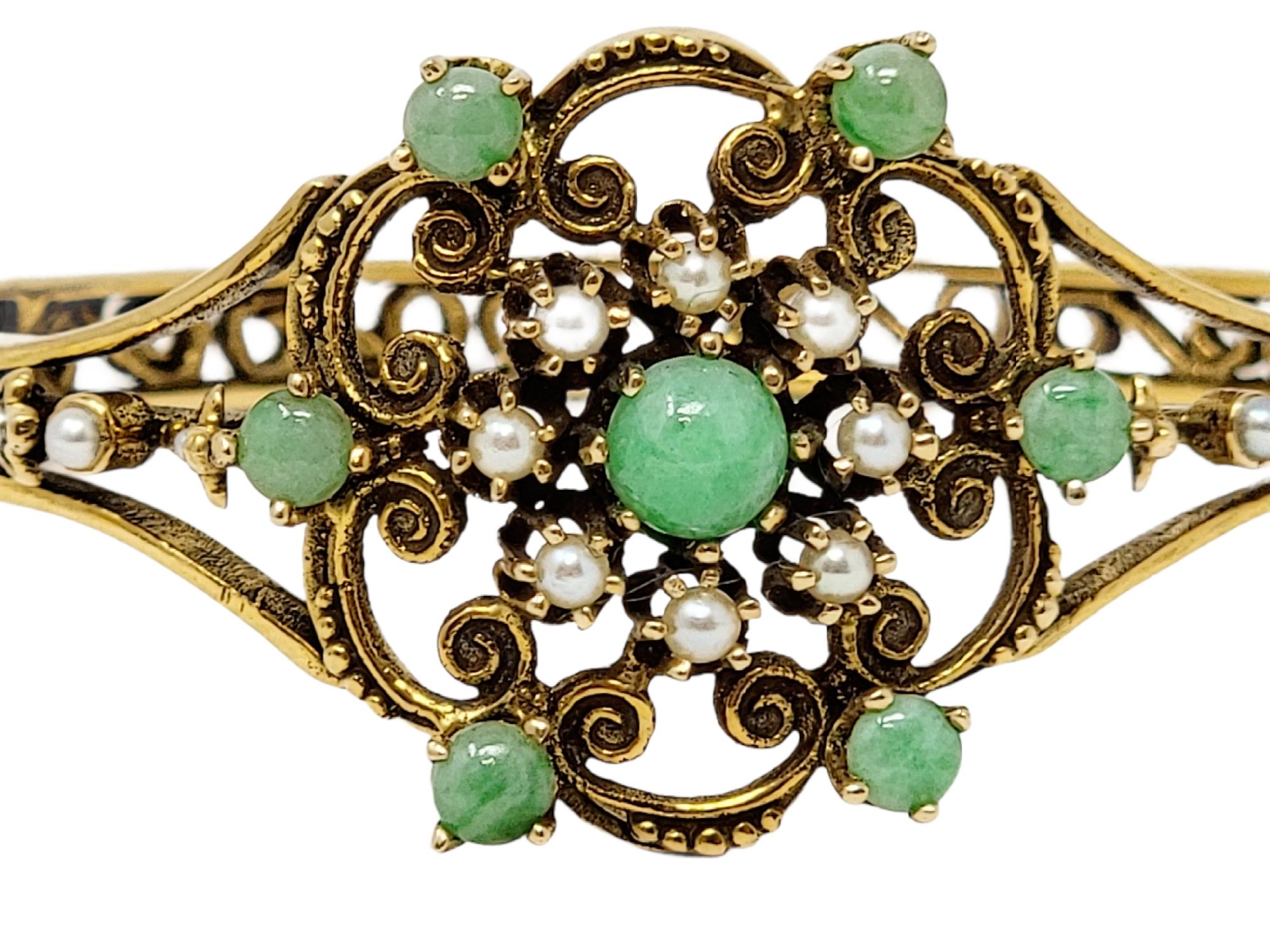 Women's Vintage Jadeite and Seed Pearl Filigree Hinged Bangle Bracelet in 14 Karat Gold For Sale