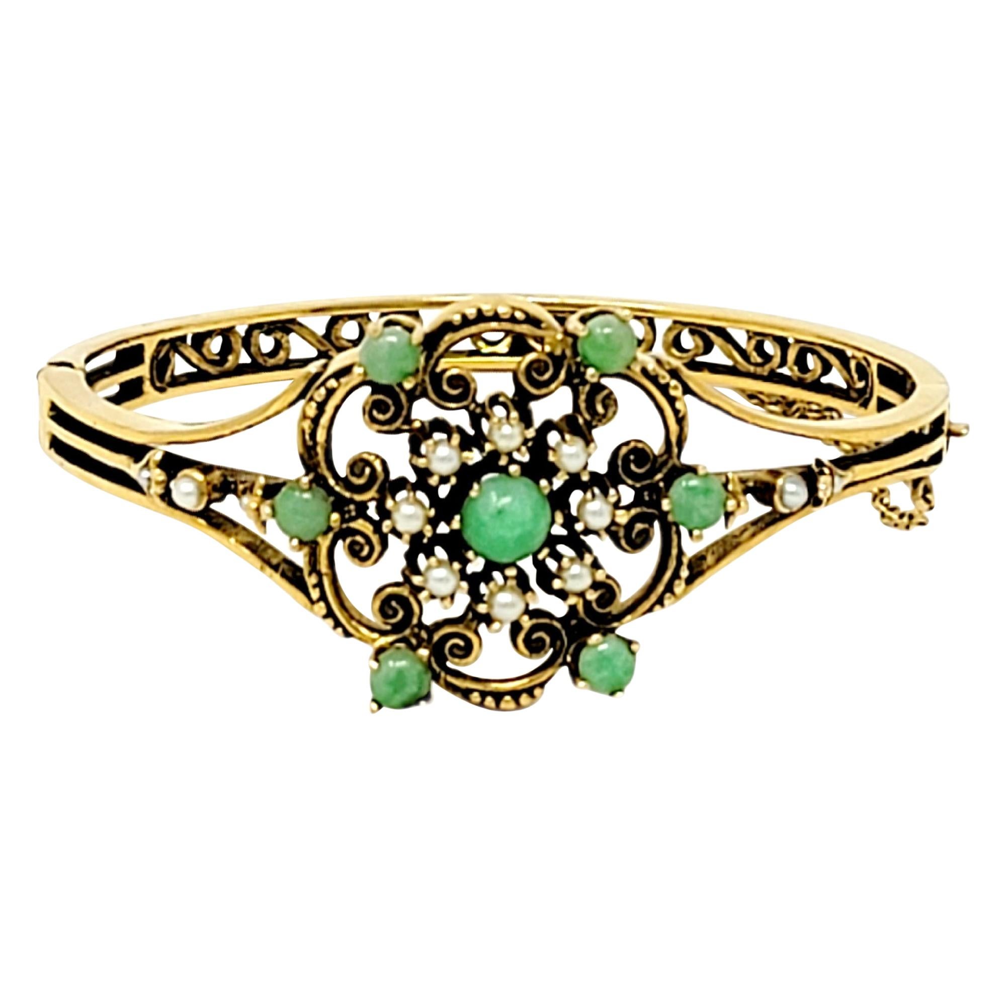 Vintage Jadeite and Seed Pearl Filigree Hinged Bangle Bracelet in 14 Karat Gold For Sale