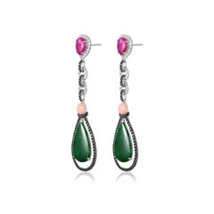 Vintage Jadeite Black Diamond Drop Earring in Sliver And 18k White gold
