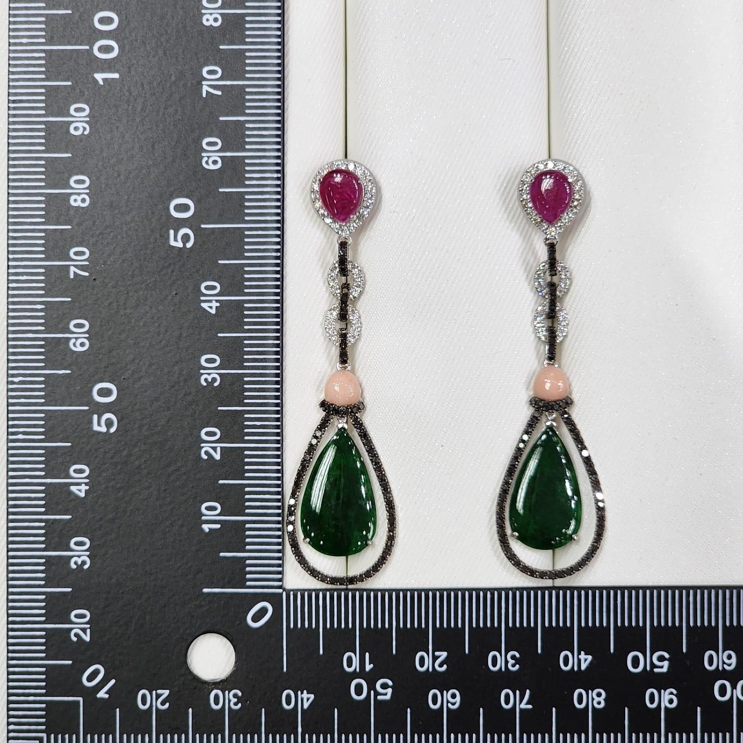 Women's  Vintage Jadeite  Black Diamond Drop Earring in Sliver And 18k White gold For Sale