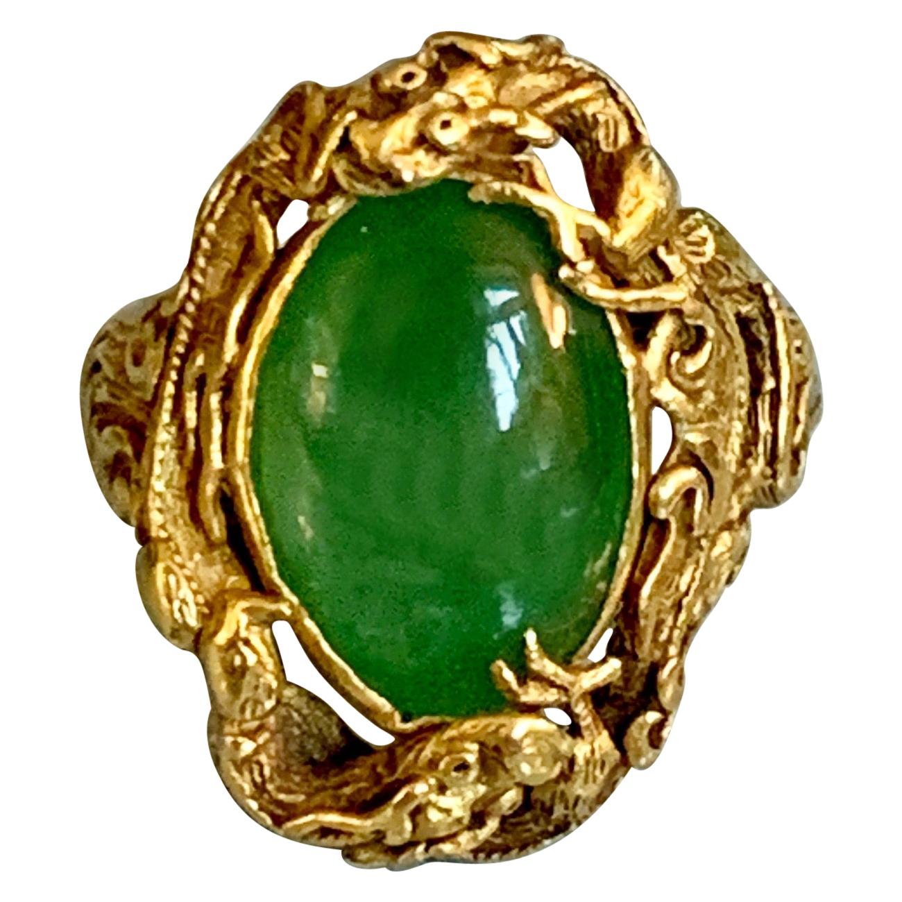 Vintage Jadeite Cabochon Dragon Motif 22 Karat Yellow Gold Ring